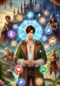 DALL·E 2024-12-18 18.51.19 – A fantasy-themed portrait depicting the 8th prince, a young man with an ordinary appearance but surrounded by a glowing aura representing his connecti